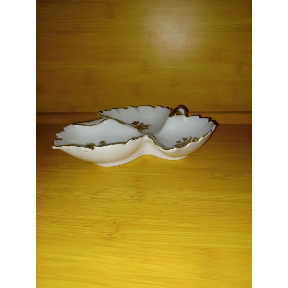Leaf Shape Dish, Gold Flowers In‎ 3 Sections With Gold Handle